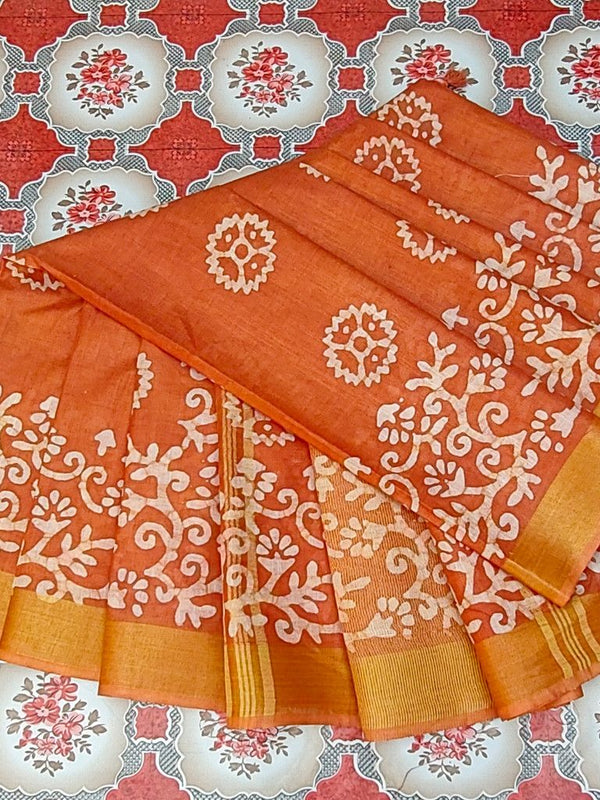 Linen Cotton Blend Handloom Batik Print Saree (GLBR_Gold-Dusty_Orange) - View 7