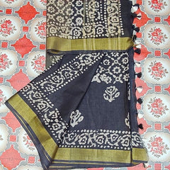 Bhagalpuri Linen Cotton Blend Handloom Batik Print Saree (GLBR_Gold-Black) - View 4