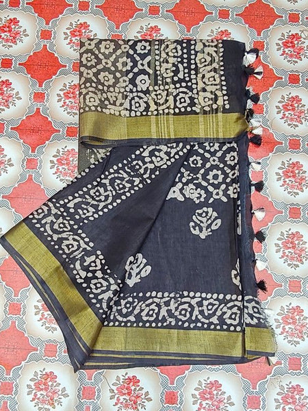 Bhagalpuri Linen Cotton Blend Handloom Batik Print Saree (GLBR_Gold-Black) - View 4