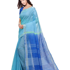 Electric Blue & Azure Cyan women's Handloom Bhagalpuri Linen Blend Two Dye Saree With Running Unstitched Blouse Piece - View 3