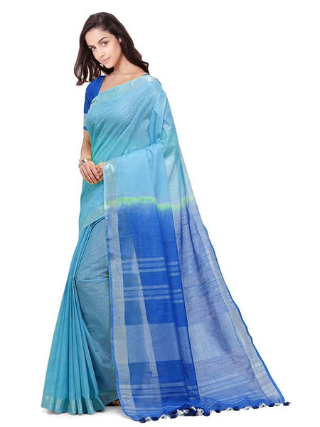 Electric Blue & Azure Cyan women's Handloom Bhagalpuri Linen Blend Two Dye Saree With Running Unstitched Blouse Piece - View 3