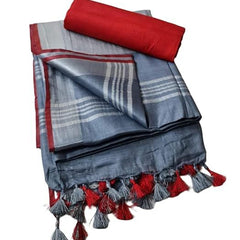 Handloom Bhagalpuri Linen Cotton Blend Contrast Border Saree for Women (12633 Grey-Red) - View 2
