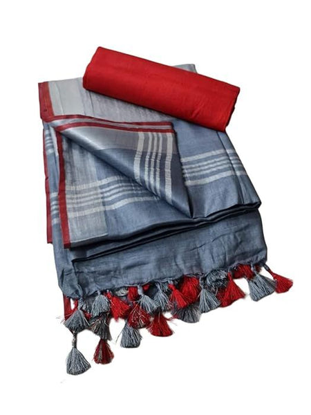 Handloom Bhagalpuri Linen Cotton Blend Contrast Border Saree for Women (12633 Grey-Red) - View 2
