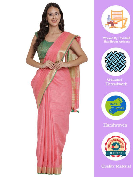 Flamingo Pink women's Bhagalpuri Handloom Cotton Linen Blend Saree With Contrast Unstiched Blouse Piece - View 2
