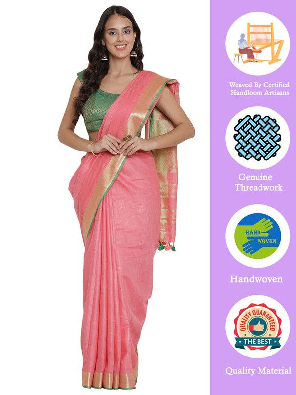 Flamingo Pink women's Bhagalpuri Handloom Cotton Linen Blend Saree With Contrast Unstiched Blouse Piece - View 2