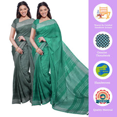 Hookers' Green & Mint Green women's Bhagalpuri Handloom Cotton-Linen Blend Saree Combo (Pack Of 2) With Running Unstiched Blouse Piece