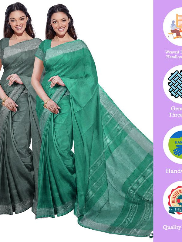 Hookers' Green & Mint Green women's Bhagalpuri Handloom Cotton-Linen Blend Saree Combo (Pack Of 2) With Running Unstiched Blouse Piece
