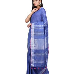 Handloom Linen Cotton Blend Contrast Bhagalpuri Saree for Women (Dodger_Blue-Pink) - View 3