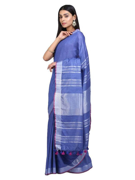 Handloom Linen Cotton Blend Contrast Bhagalpuri Saree for Women (Dodger_Blue-Pink) - View 3