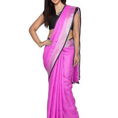Ultra Pink women's Bhagalpuri Blend Linen Saree With Black Pipine Contrast Blouse Piece