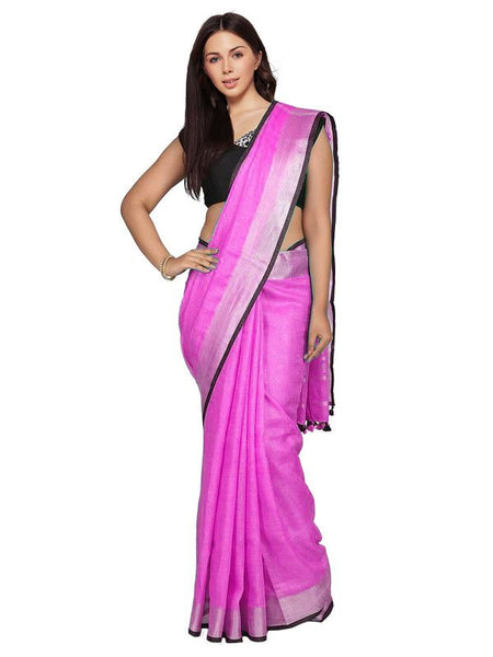 Ultra Pink women's Bhagalpuri Blend Linen Saree With Black Pipine Contrast Blouse Piece