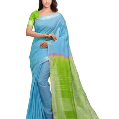 Cyan & Apple Green women's Bhagalpuri Handloom Pure Cotton Two Dye Saree With Running Unstitched Blouse Piece