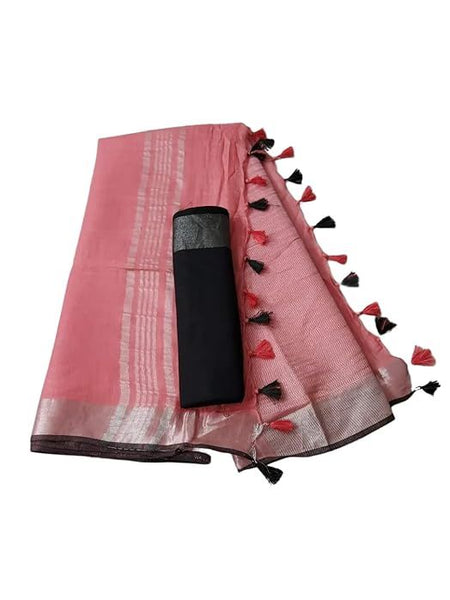 Handloom Bhagalpuri Linen Cotton Blend Contrast Border Saree for Women (12610 Blush_Pink-Black) - View 2