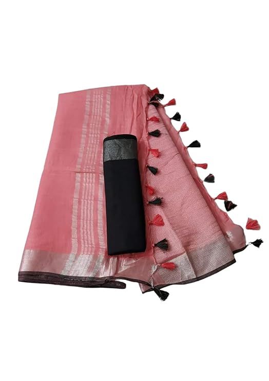 Handloom Bhagalpuri Linen Cotton Blend Contrast Border Saree for Women (12610 Blush_Pink-Black) - View 2