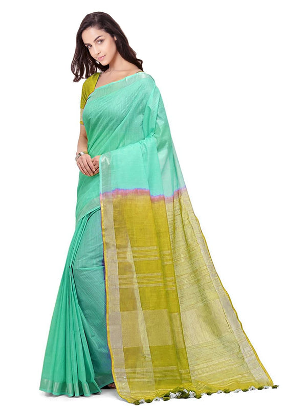 Aquamarine Turquoise & Pear Green women's Handloom Bhagalpuri Cotton Linen Blend Two Dye Saree With Running Unstitched Blouse Piece - View 3