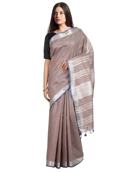 Liver Brown women's Bhagalpuri Handloom Linen-Slub Saree With Contrast Blouse Piece