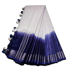 Blue women's Handloom Bhagalpuri Linen Cotton Slub Blend Two Sided Two Dye Saree Running Unstitched Blouse Piece - View 4