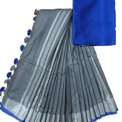 Grey-Blue women's Handloom Bhagalpuri Linen Cotton Blend Saree Ethnic Wear With Contrast Unstitched Blouse Piece