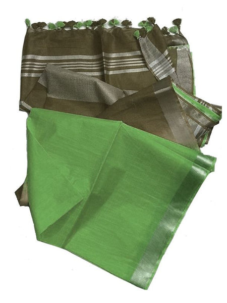 Asparagus Green & Mantis Green women's Ethnic Wear Bhagalpuri Handloom Cotton Linen Blend Two Dye Saree With Running Unstitched Blouse Piece - View 5