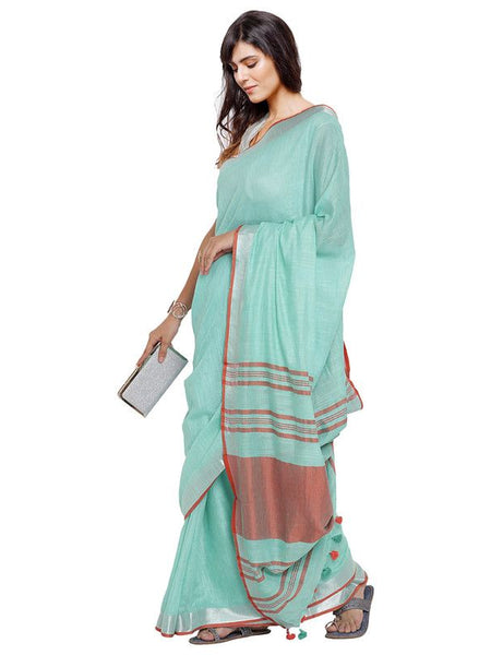 Bhagalpuri Handloom Cotton Linen Blend Contrast Pallu Saree And Unstitched Contrast Blouse Piece - View 3