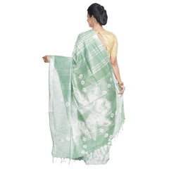 Moss Green & Celadon Green women's Bhagalpuri Handloom Cotton Linen Slub Blend Tie Two Dye (Sibory Two Dye) Saree With Running Unstitched Blouse Piece - View 2