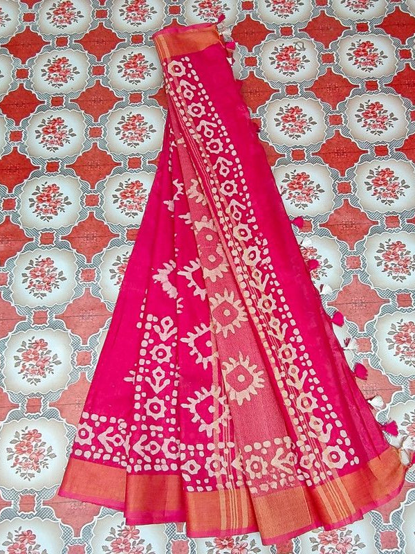 Blend Linen Cotton Handloom Batik Print Saree (GLBR_Gold-Deep_Pink) - View 9