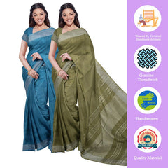 Cerulean Blue & Moss Green women's Bhagalpuri Handloom Cotton-Linen Blend Saree Combo (Pack Of 2) With Running Unstiched Blouse Piece