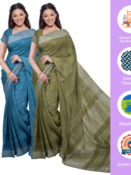 Cerulean Blue & Moss Green women's Bhagalpuri Handloom Cotton-Linen Blend Saree Combo (Pack Of 2) With Running Unstiched Blouse Piece