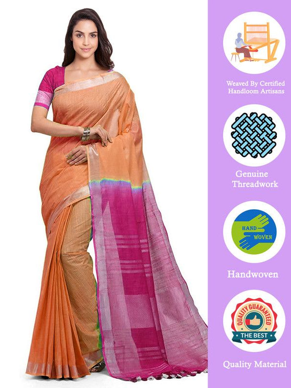 Pumpkin Orange & Raspberry Pink women's  Handloom Bhagalpuri Linen Cotton Slub Blend Two Dye Saree With Running Unstitched Blouse Piece - View 3