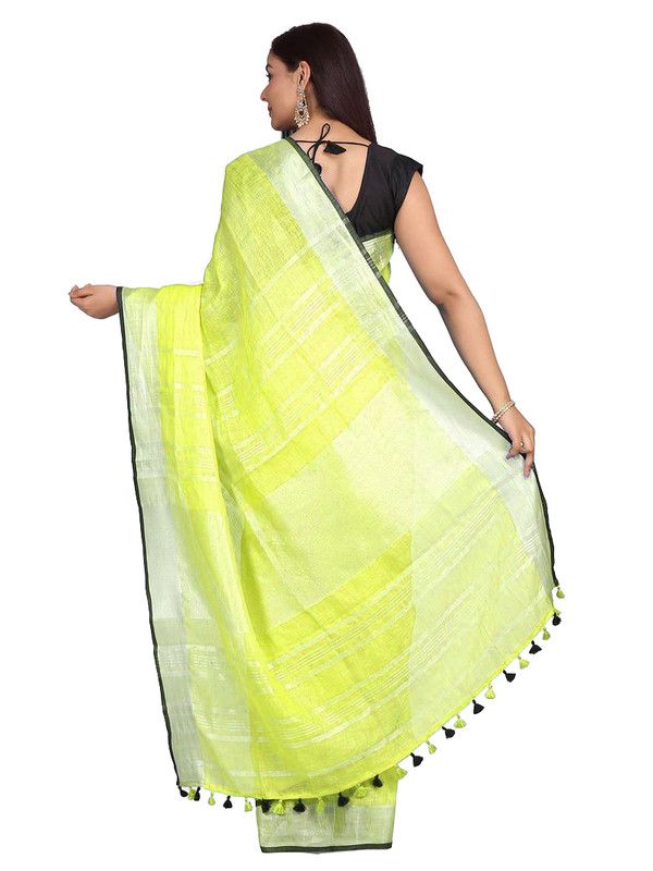 Lime Green women's Bhagalpuri Blend Linen Saree With Black Pipine Contrast Blouse Piece - View 3