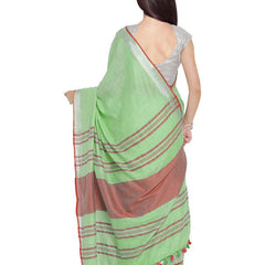 Light Green-Red women's Bhagalpuri Handloom Cotton Linen Blend Contrast Pallu Saree And Unstitched Contrast Blouse Piece - View 4