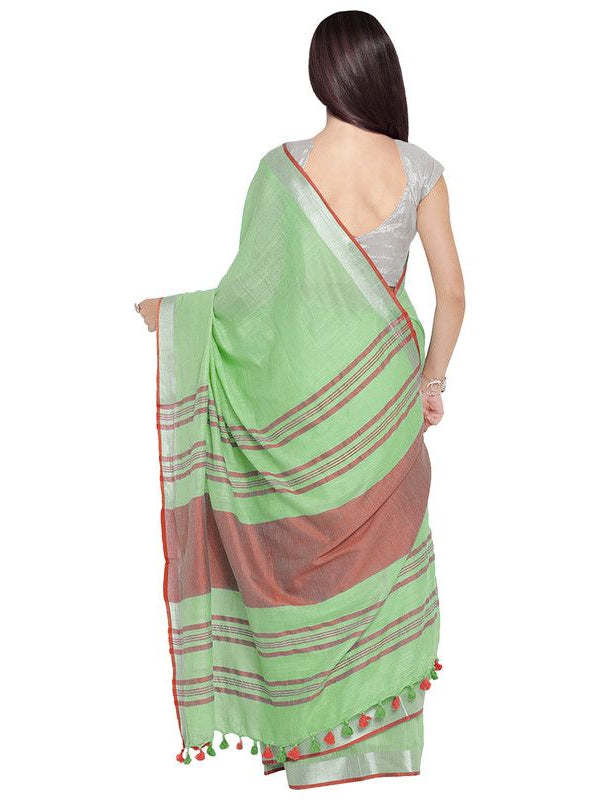 Light Green-Red women's Bhagalpuri Handloom Cotton Linen Blend Contrast Pallu Saree And Unstitched Contrast Blouse Piece - View 4