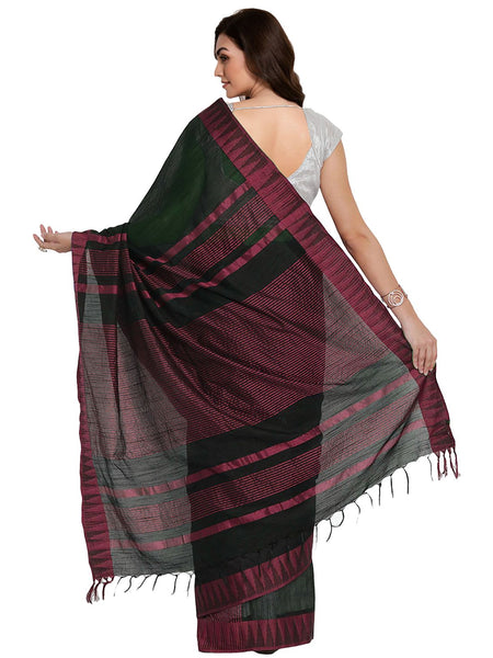 Black & Pink women's  Bhagalpuri Handloom Katan Viscous Silk Temple Border Saree Ethnic Wear With Running Unstitched Striped Blouse Piece - View 4