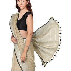 Khaki Green women's Bhagalpuri Blend Linen Saree With Black Pipine Contrast Blouse Piece - View 4