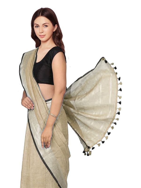 Khaki Green women's Bhagalpuri Blend Linen Saree With Black Pipine Contrast Blouse Piece - View 4