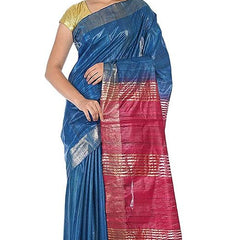 Bhagalpuri Tussar Ghicha Silk Pure Two Dye Saree with Blouse Piece (Deny_Blue & Fuzy_Pink)