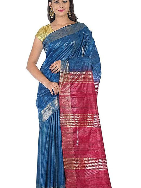 Bhagalpuri Tussar Ghicha Silk Pure Two Dye Saree with Blouse Piece (Deny_Blue & Fuzy_Pink)