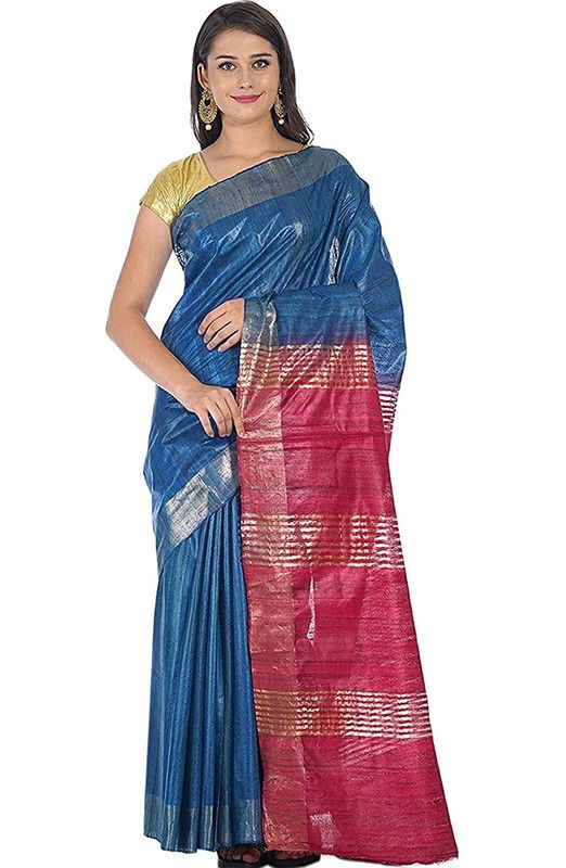 Bhagalpuri Tussar Ghicha Silk Pure Two Dye Saree with Blouse Piece (Deny_Blue & Fuzy_Pink)
