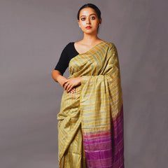Semi Tussaqr Silk Handloom Bhagalpuri Striped Two Dye Saree (Tussock_Brown & Electric_Purple) - View 4
