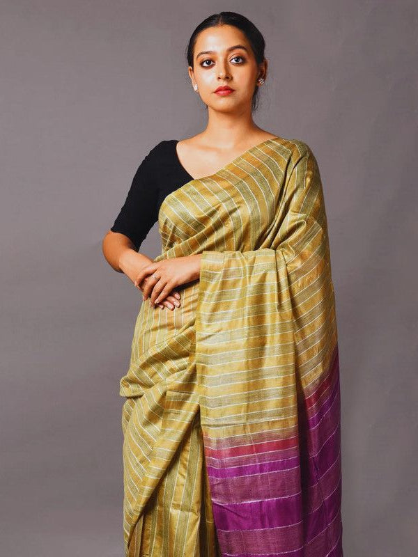 Semi Tussaqr Silk Handloom Bhagalpuri Striped Two Dye Saree (Tussock_Brown & Electric_Purple) - View 4