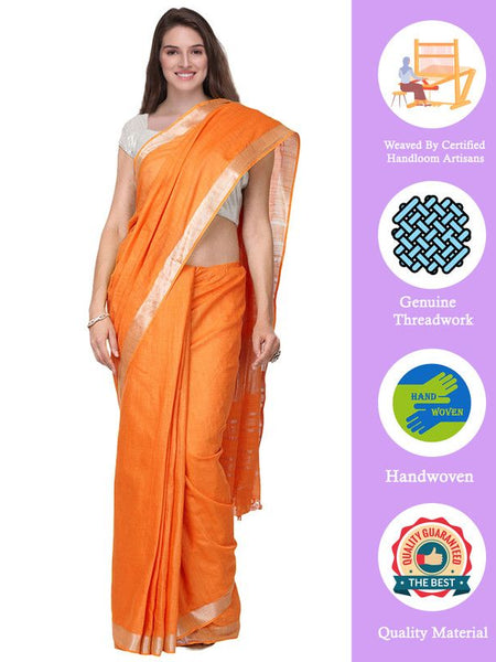 Orange women's Handloom Bhagalpuri Cotton Linen Slub Blend Zari Border Saree Ethnic Wear With Running Unstitched Blouse Piece - View 2