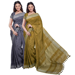 Grey & Olive Green women's Bhagalpuri Handloom Cotton-Linen Blend Saree Combo (Pack Of 2) With Running Unstiched Blouse Piece