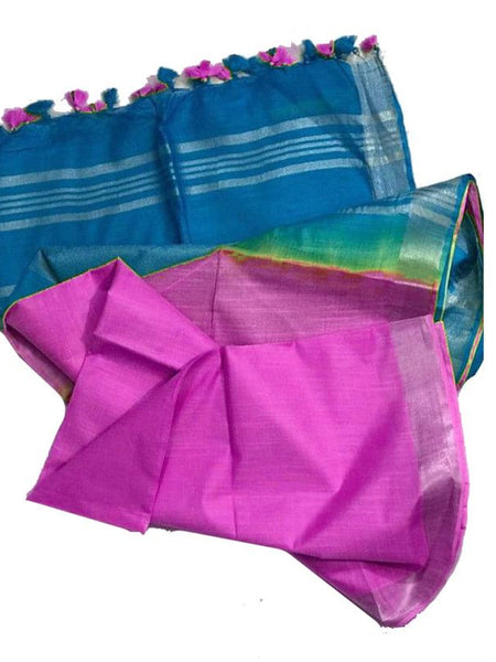 Mooonstone Cyan & Fuchsia Pink Bhagalpuri women's Ethnic Wear Handloom Linen Cotton Blend Zari Border Two Dye Saree With Running Unstitched Blouse Piece