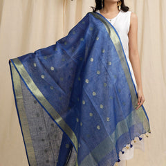 Bhagalpuri Handloom Linen Dupatta with Gold Weaving Motif (Blue)