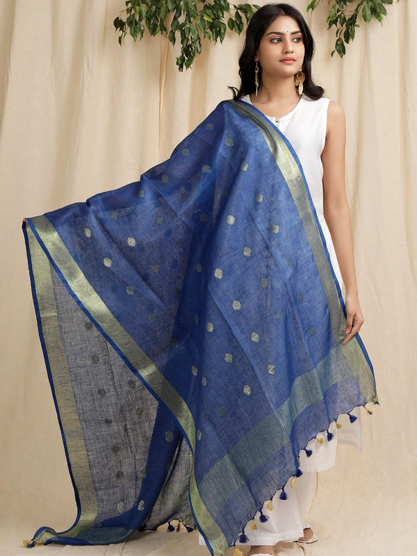 Bhagalpuri Handloom Linen Dupatta with Gold Weaving Motif (Blue)