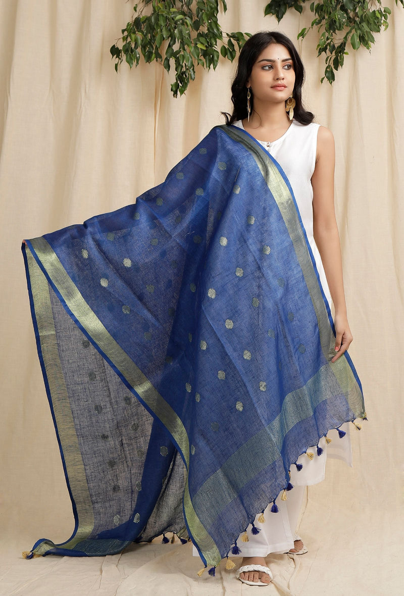 Bhagalpuri Handloom Linen Dupatta with Gold Weaving Motif (Blue)