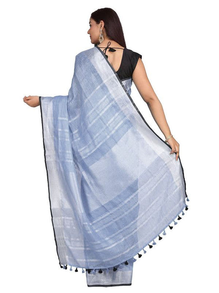 Vista Blue women's Bhagalpuri Blend Linen Saree With Black Pipine Contrast Blouse Piece - View 2