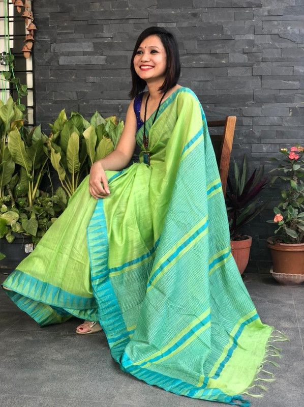 Bhagalpuri Handloom Kota Silk Temple Border Saree And Variation Of Colors With Striped Blouse Piece - View 4