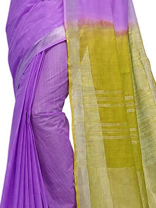 Lilac Purple & Olive Green women's Handloom Bhagalpuri Cotton Slub Blend Two Dye Saree With Running Unstitched Blouse Piece - View 2