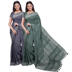 Grey & Hookers' Green women's Bhagalpuri Handloom Cotton-Linen Blend Saree Combo (Pack Of 2) With Running Unstiched Blouse Piece